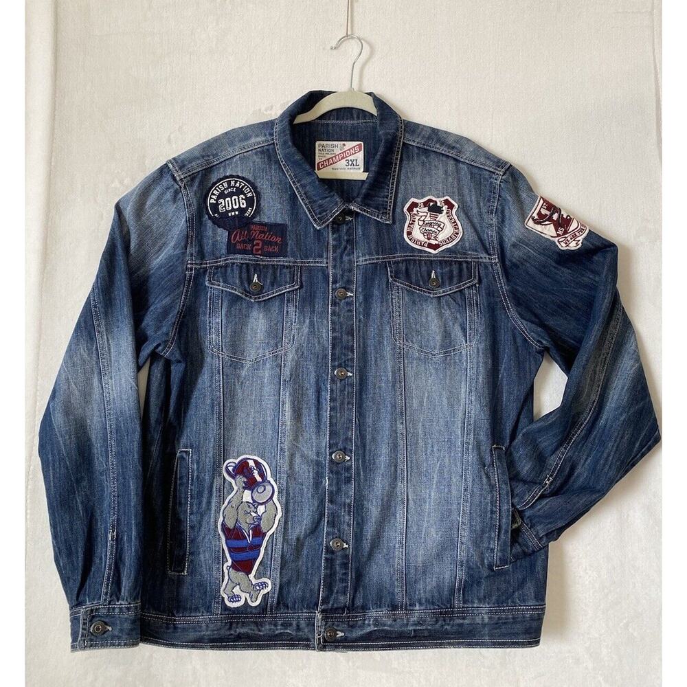 Y2K Parish Nation Men’s Jean Jacket Champions Patchwork Denim Vintage Size 3XL.